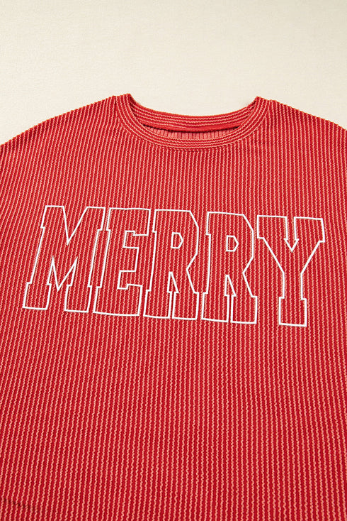 Corded Rib Outline MERRY Letter Drop Shoulder Crewneck Long Sleeve Top